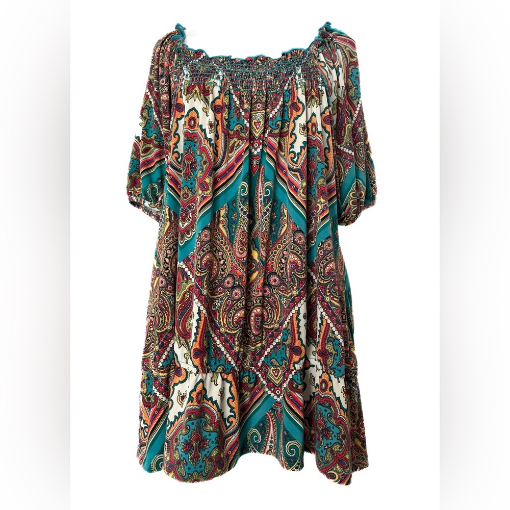 Lane Bryant Paisley Print Smocked Top On/Off Shoulder Ruffle Hem Blouse